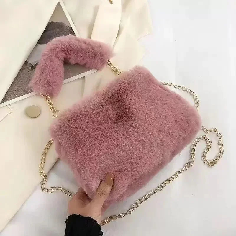 Fashion Women's Fluffy Shoulder Bag | Female Winter Chain Underarm Bag & Soft Plush Handle Handbag (Solid Color)