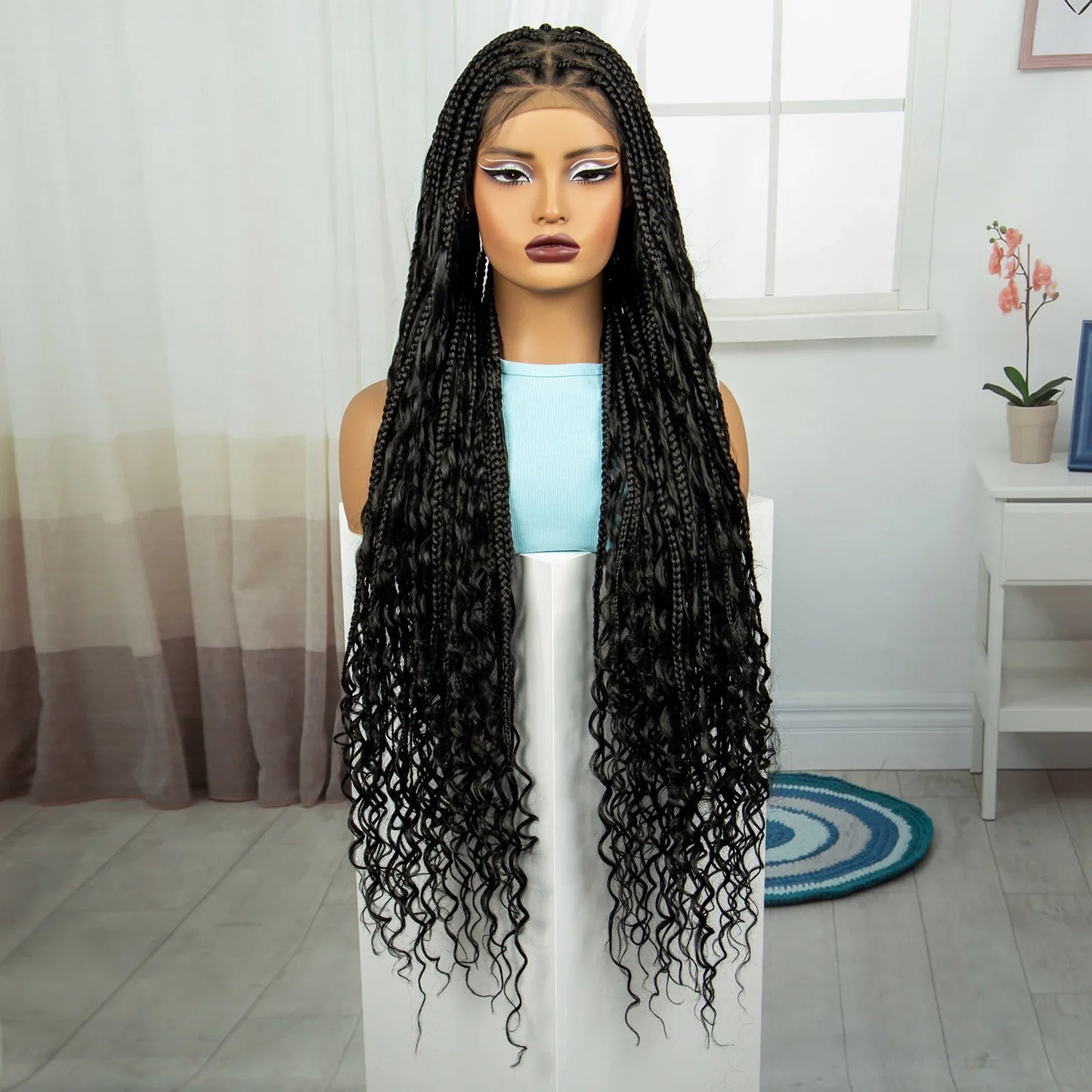 36" Blonde Boho Knotless Braids Wig | Curly Ends | HD Full Lace | Baby Hair