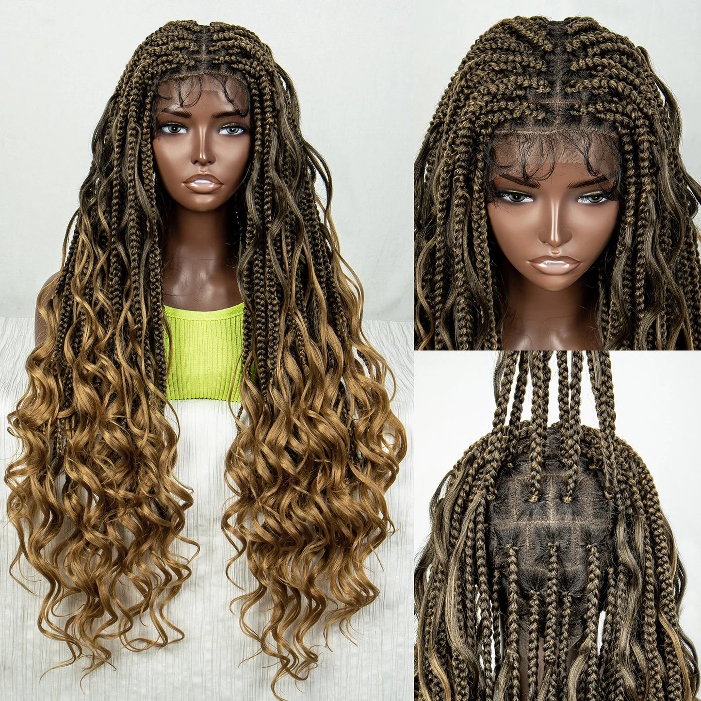 34" Natural Curly Knotless Box Braids Wig | Deep Wave Accents | Full Lace | Baby Hair