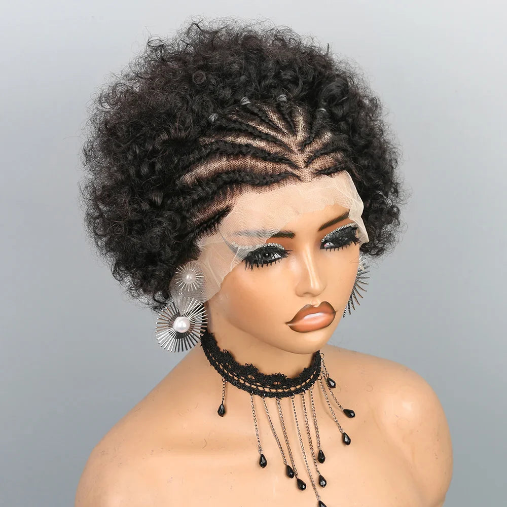 Short Afro Puff Braided Wig | 13x4 Lace Front Human Hair | Pre-Braided Cornrow Wig