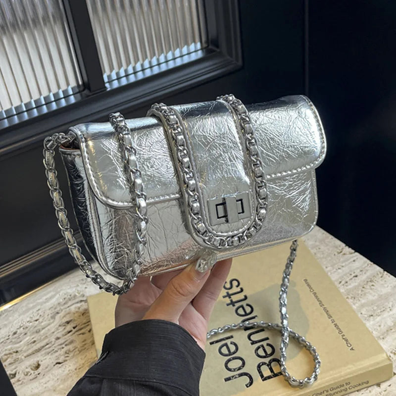 Silvery Luxury Handbags & Purse for Women | PU Leather Flip Messenger Shoulder Bag (Female Chain Crossbody Bag)