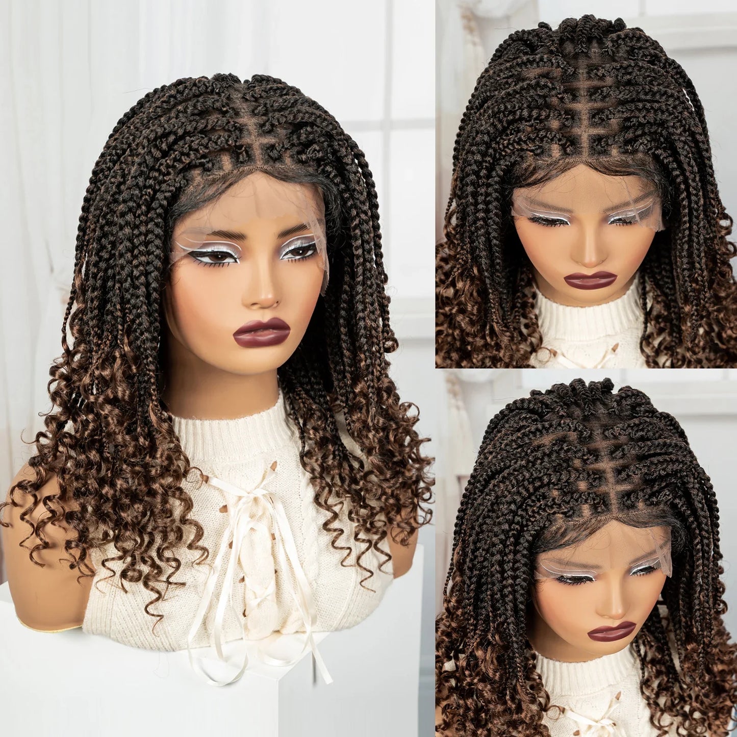 Short Ombre Boho Knotless Braids Bob Wig with Curly Ends | Full Lace