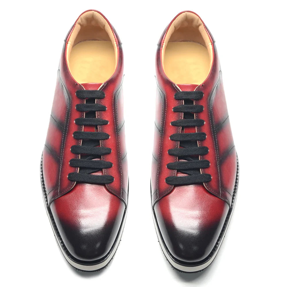 Men's Casual Dress Sneakers | Genuine Leather Hand-Painted Derby Skateboard Shoes (Black, Red)