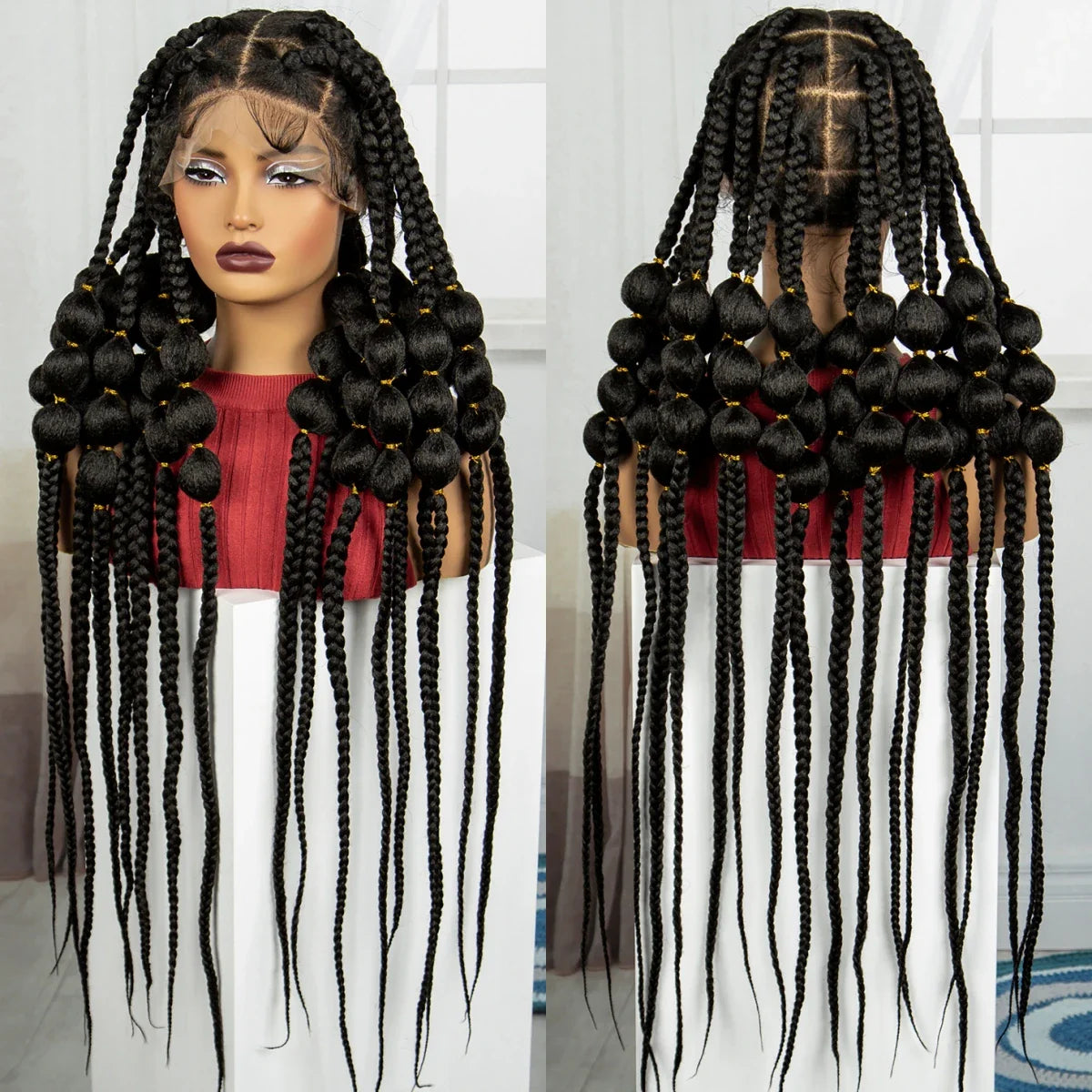 Natural 40 Inch Long Synthetic Full Lace Braided Wig | Handmade Knotless Bantu Braids Lace Wig with Baby Hair for Women