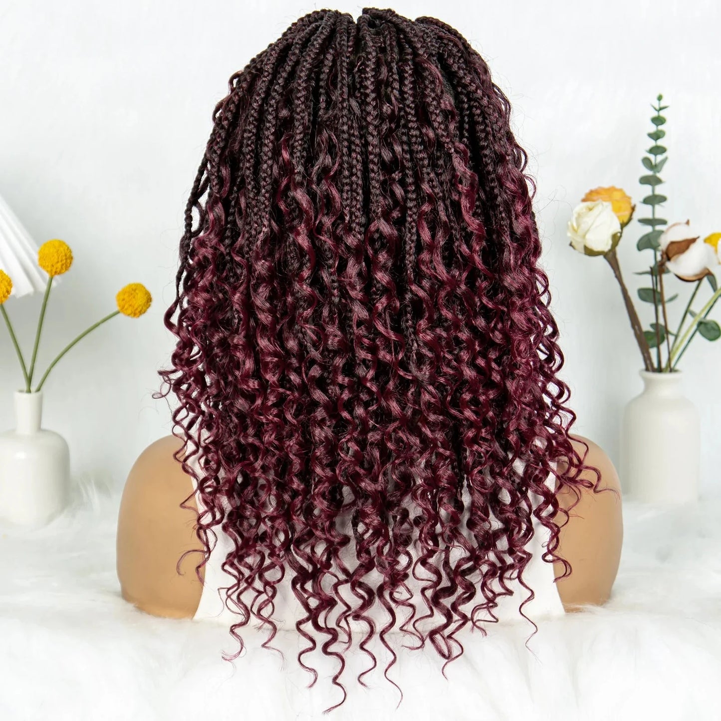 Short Bohemian Box Braids Wig | Full Lace | Curly Ends | Baby Hair | Synthetic Boho Wig