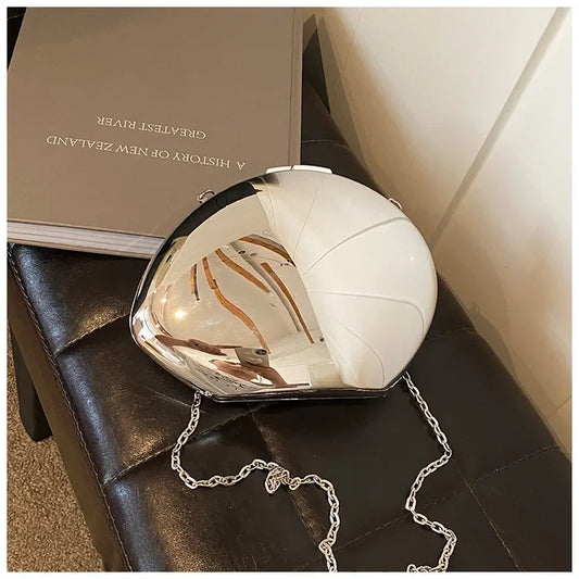 Designer Acrylic Shell Shape Clutch Bag | Gold Silver Women's Evening Party Bag & Cute Shiny Metal Shoulder Crossbody Bags (Small Purse)