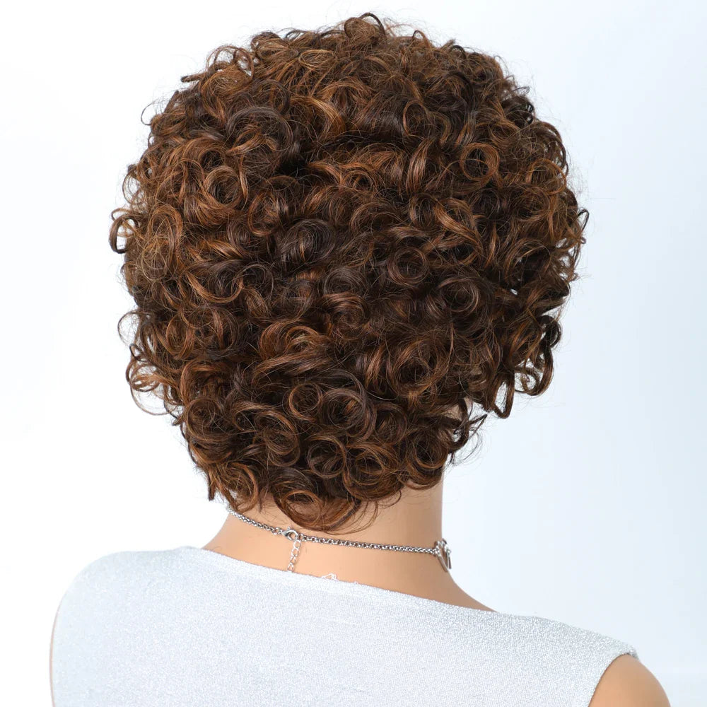 Sleek Short Pixie Afro Kinky Curly Human Hair Wig | Glueless Natural Brown Bob with Bangs