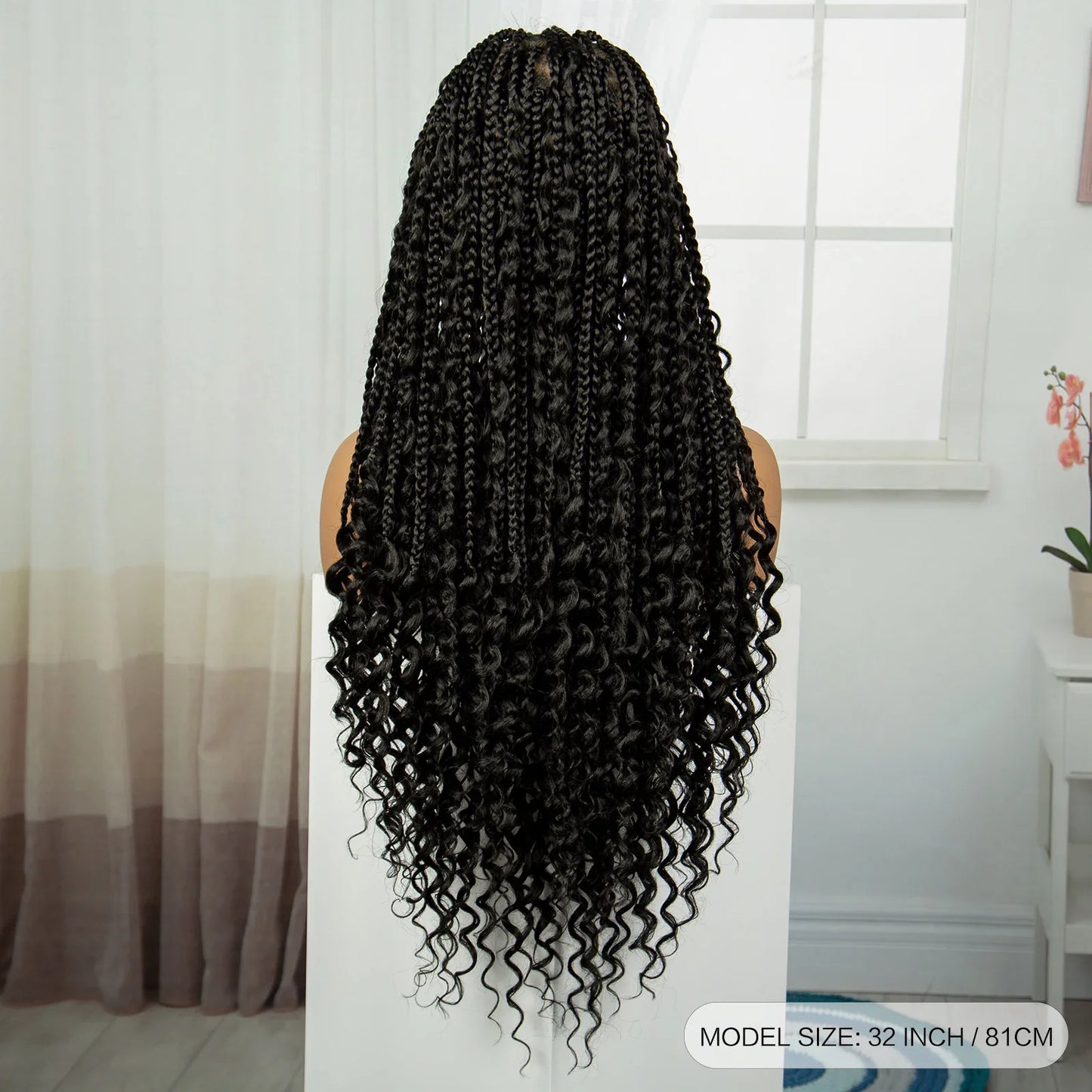 32 Inch Natural Curly Boho Box Braids Wig - Knotless - Full Lace - Synthetic - with Baby Hair