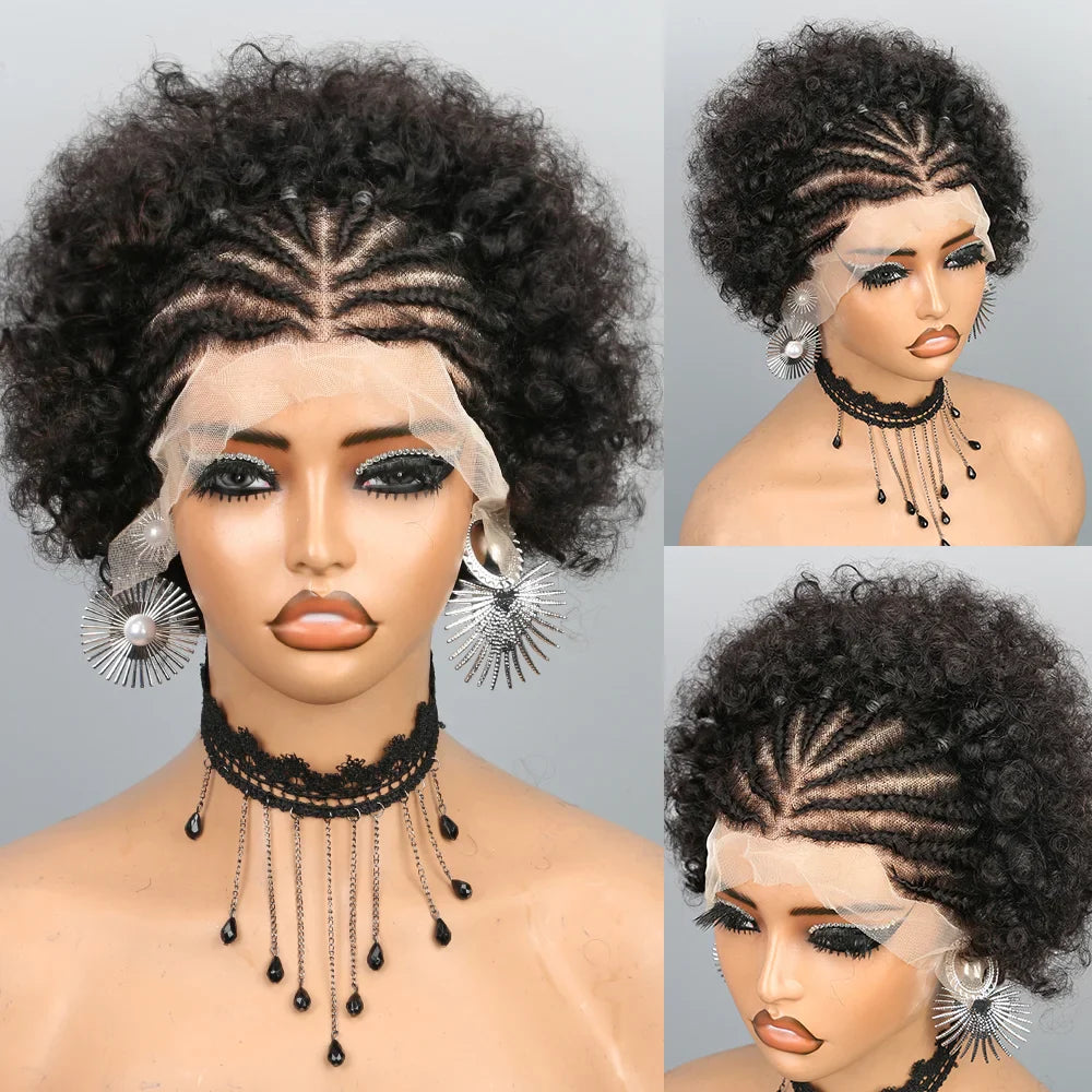 Short Afro Puff Braided Wig | 13x4 Lace Front Human Hair | Pre-Braided Cornrow Wig