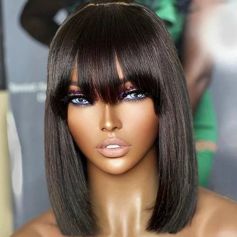 Silky Straight Bob Wig with Bangs | 100% Human Hair Full Machine Made (8-12 Inch)