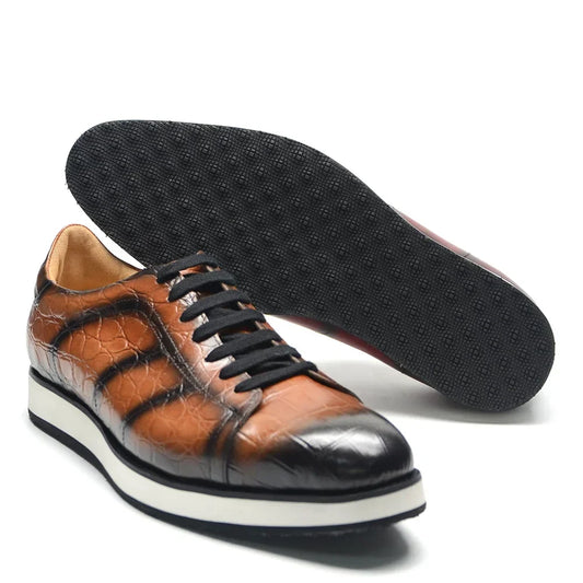 Men's Fashion Casual Sneakers | Genuine Cowhide Leather Crocodile Pattern Skateboard Shoes (Lace-up, Non-slip)