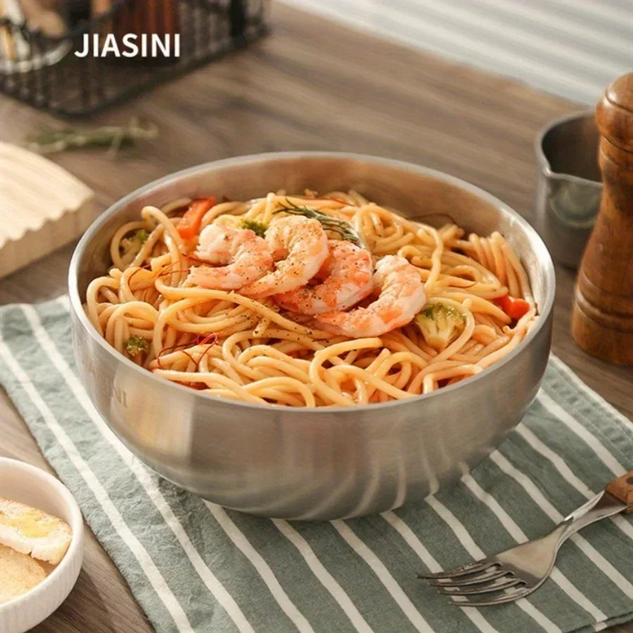 Large capacity stainless steel bowl, double insulation salad fruit bowl, light rice bowl, anti drop Noodles in soup bowl