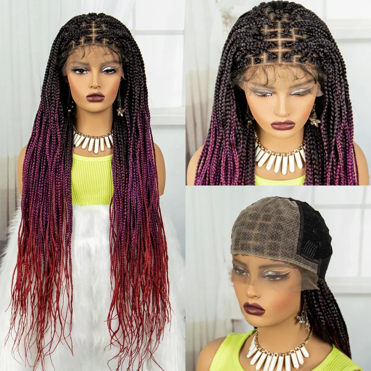 36" Purple & Blonde Knotless Box Braids Wig | Lace Front | Baby Hair
