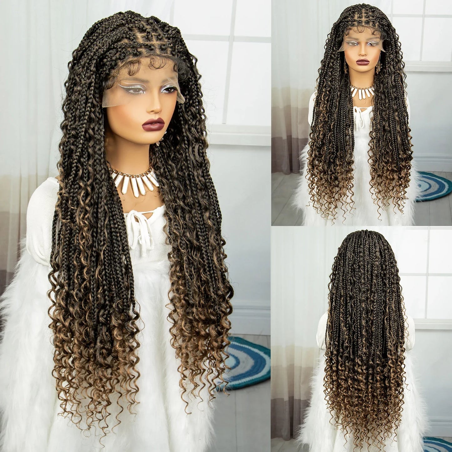 Burgundy Boho Knotless Braids Wig | Curly Ends | Lace Front | Baby Hair