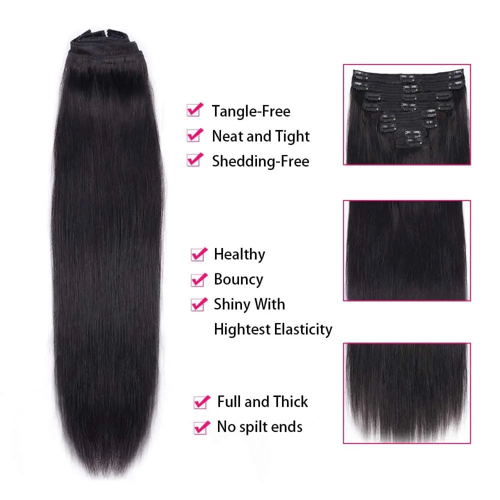 Clip in Hair Extensions Straight with 18 Clips 120G Double Weft Virgin 100% Human Hair Natural Black Color For Women