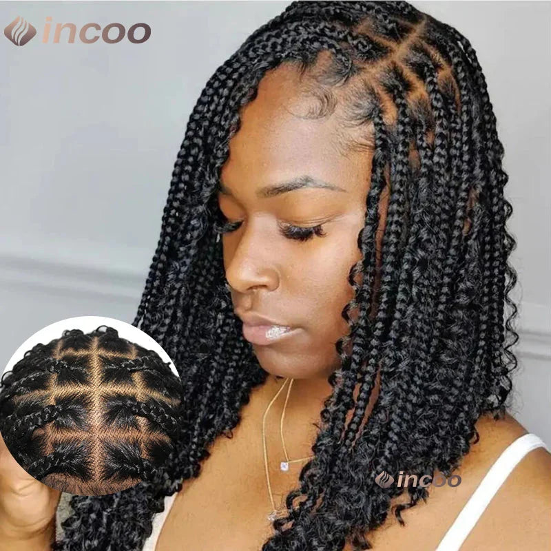 12" Boho Bob Braided Wig | Goddess Knotless Braids | 360 Full Lace | Curly Ends | Baby Hair
