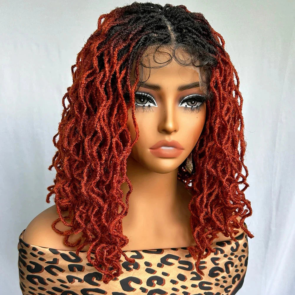 14" Copper Red Faux Locs Lace Front Wig | Short Twist Dreadlocks | Synthetic Braided Wig