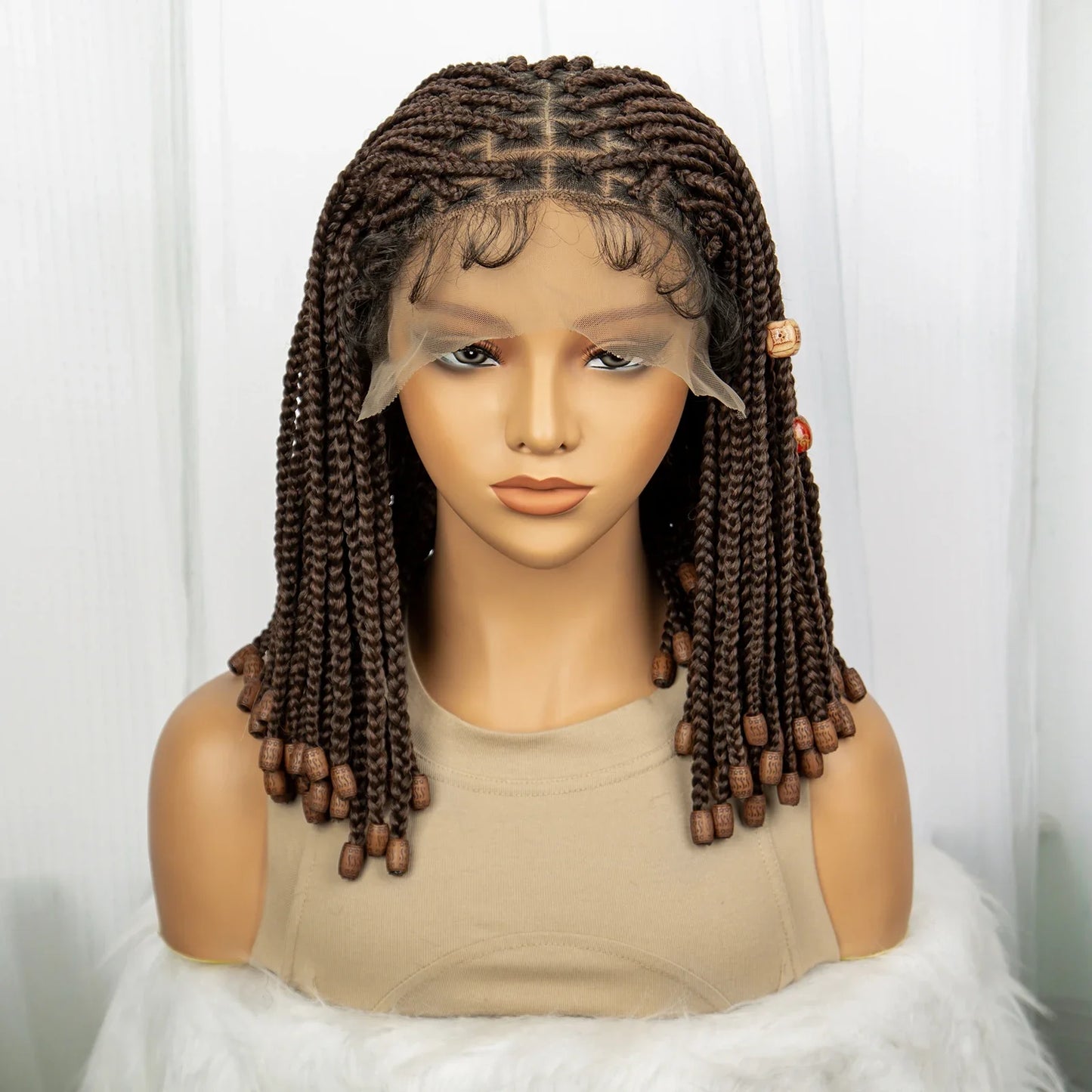 14" Short Bob Box Braided Wig with Beads | Knotless Braids | Synthetic Lace Front Wig | Baby Hair