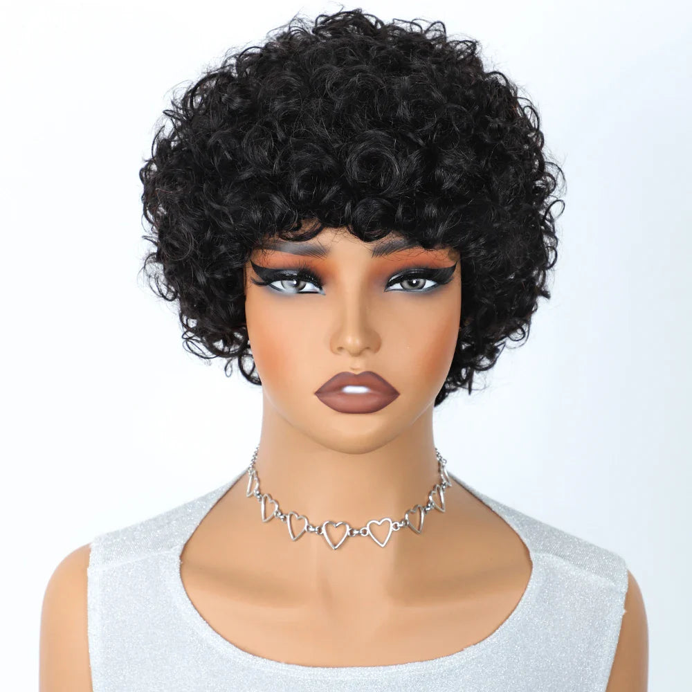 Brazilian Short Pixie Bob Afro Kinky Curly Wig with Bangs | Full Machine Made Human Hair (Natural Brown & 99J)