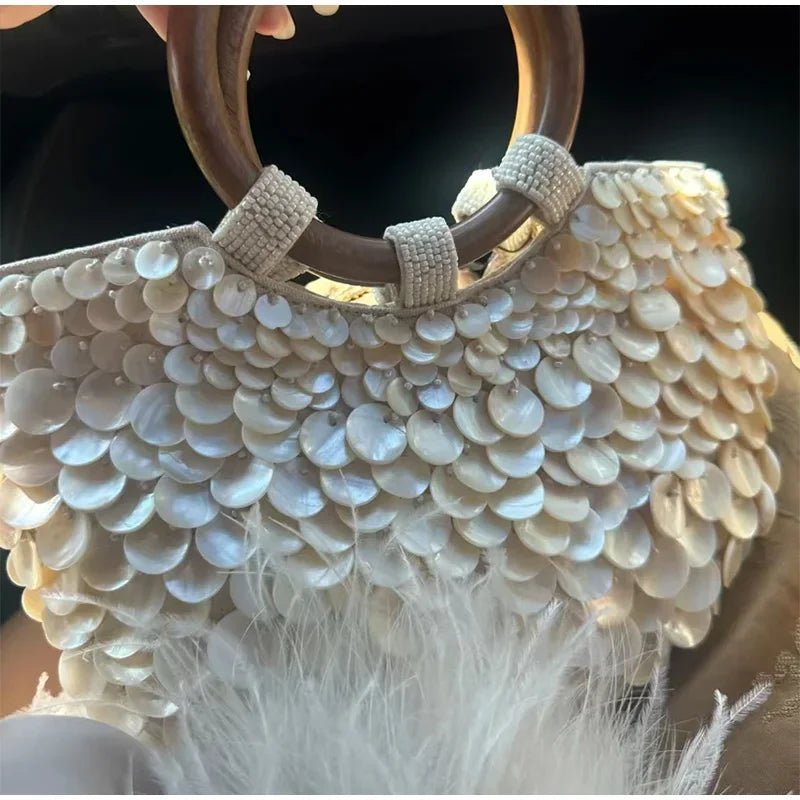 Brand Exquisite Double-sided Shell Handbag | Luxury Handmade Large Capacity Shell Crossbody Clutch Bag (Wooden Handle & Tote)