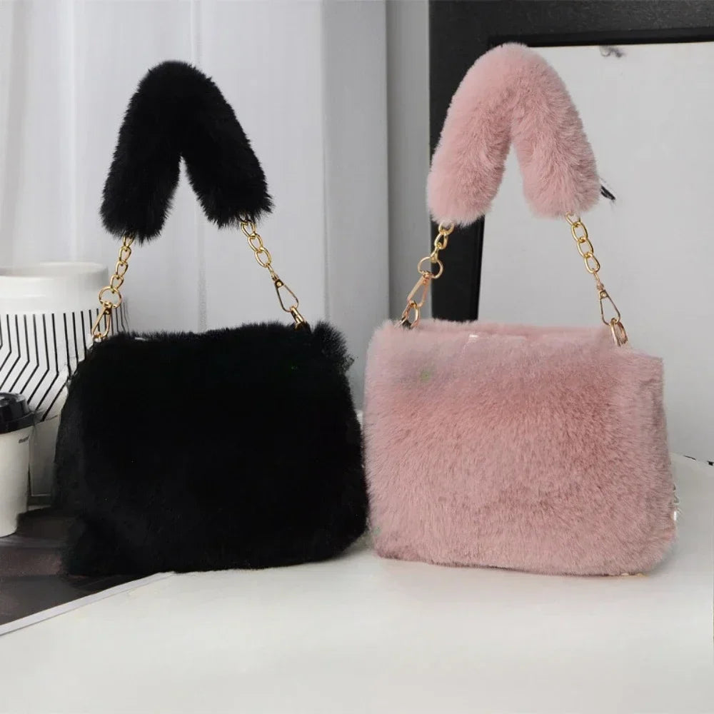 Fashion Women's Fluffy Shoulder Bag | Female Winter Chain Underarm Bag & Soft Plush Handle Handbag (Solid Color)