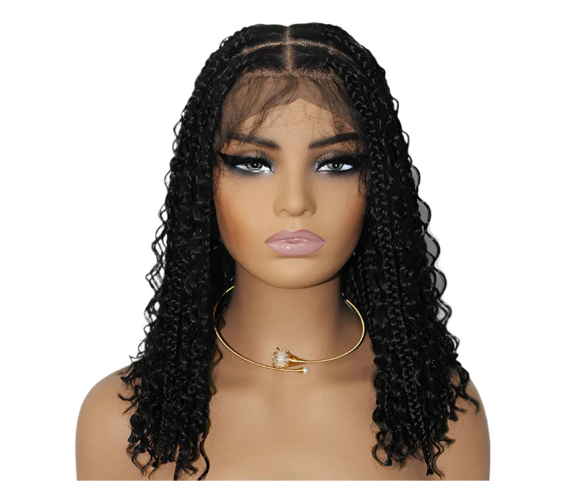 12" Bohemian Cornrow & Knotless Box Braids Bob Wig | Curly Goddess Ends | Full Lace Front