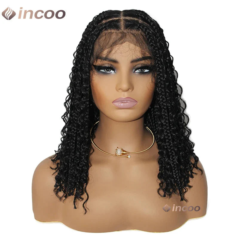 12" Boho Bob Braided Wig | Goddess Knotless Braids | 360 Full Lace | Curly Ends | Baby Hair
