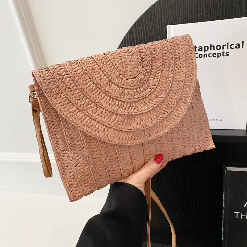 Summer Travel Beach Bag Straw Woven Clutch Bag | Fashion Designer Crossbody Shoulder Bag for Women (Handbag Ladies Wrist Wicker Bag)