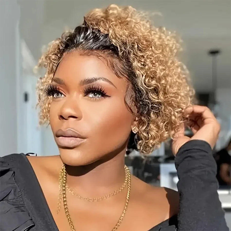 Ombre 1B/27 Pixie Cut Wigs Human Hair Curly Brazilian Virgin Hair 13x1 Transparent Lace Front Short Bob 180% Density