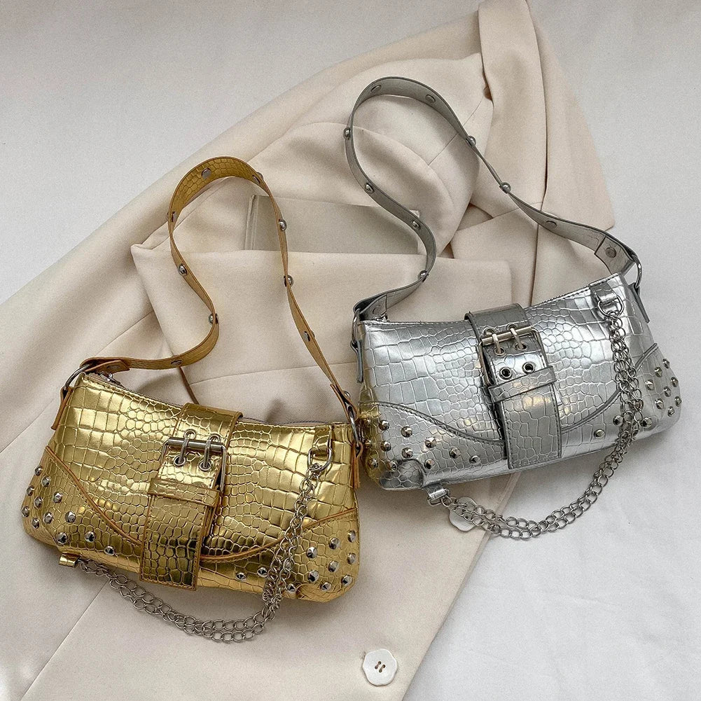 Fashion Women's Y2K Armpit Bag | Luxury Design Pleated Underarm Bag (Solid Color Shoulder Messenger Hobo Handbag with Chains & Rivets)