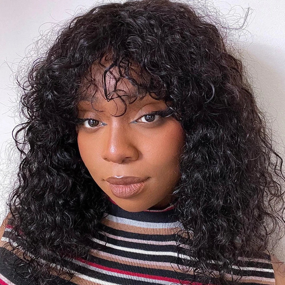 Short Bouncy Curly Bob Wig with Bangs | Glueless Human Hair Wig | Brazilian Remy Hair