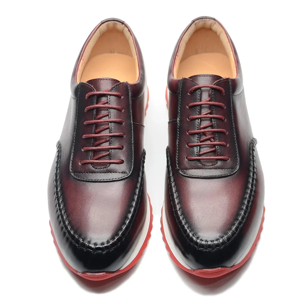 Classy Men's Genuine Leather Low Top Sneakers | Red Bottom Lace-Up Casual Dress Shoes (Breathable)