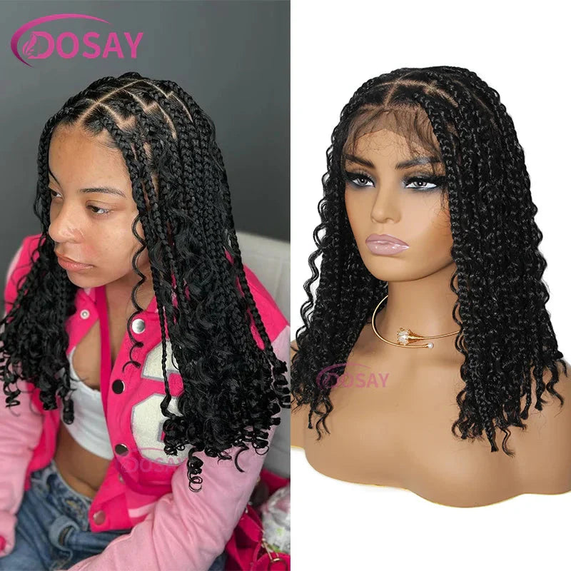 12" Curly Boho Braids Bob Wig | 360 Full Lace | Knotless Box Braids | Baby Hair