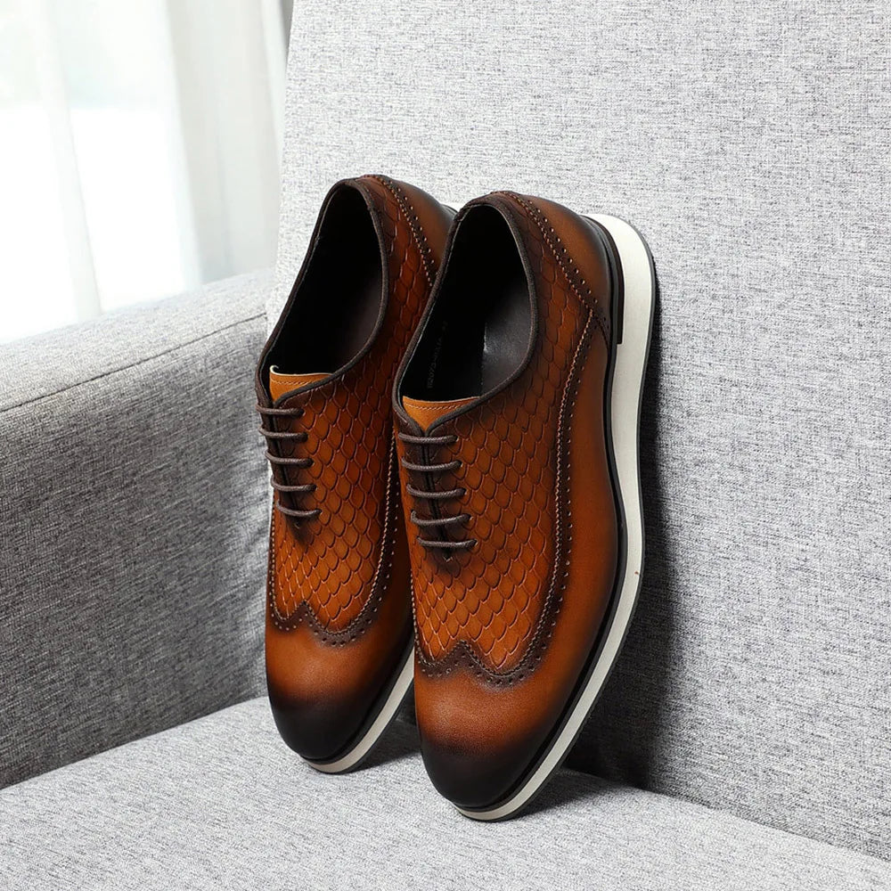 Men's Natural Genuine Leather Oxfords | Classic European Style Snake Print Casual Sneakers (Breathable)