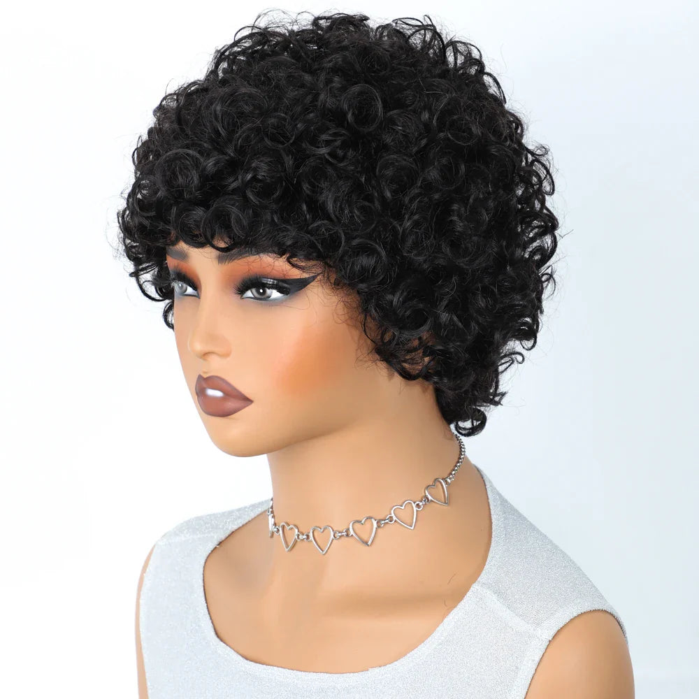 Natural Brown 99J Afro Kinky Curly Pixie Bob Wig | Full Machine Made Human Hair with Bangs