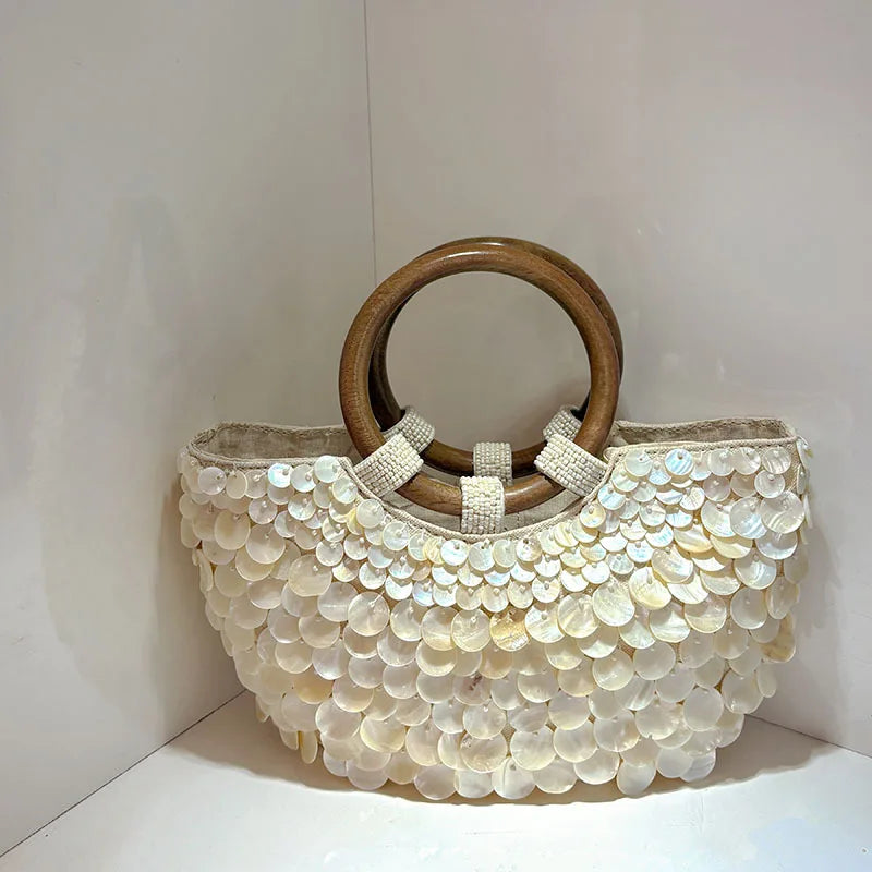NEW Wood Top-Handle White Crystal Clutch Bag | High Quality Women's Wedding Hand Woven Handbags & Fashion Bags