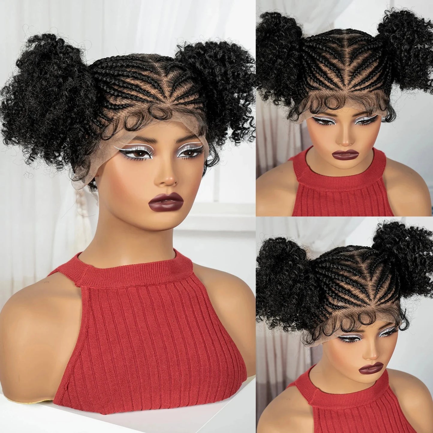 Cornrow Bantu Knot Braided Wig | Full Lace | Baby Hair | Synthetic Lace Front Braids | Cosplay