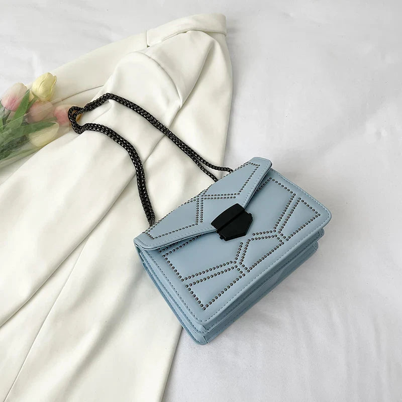 Rivet Chain Small Crossbody Bag for Women | 2022 Luxury Shoulder Messenger Bag (Trendy Lady Handbag with Flap Cover)