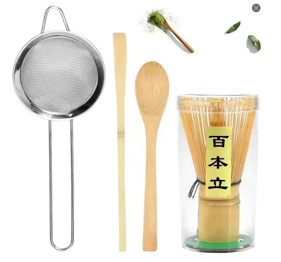 4Pcs Matcha Whisk Set Handmade Bamboo Matcha Whisk Traditional Tea Scoop Deep Scoop Tea Strainer Clear Whisk Storage Holder
