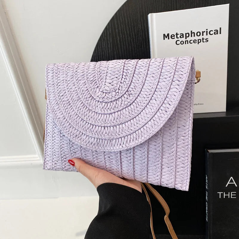 Summer Travel Beach Bag Straw Woven Clutch Bag | Fashion Designer Crossbody Shoulder Bag for Women (Handbag Ladies Wrist Wicker Bag)