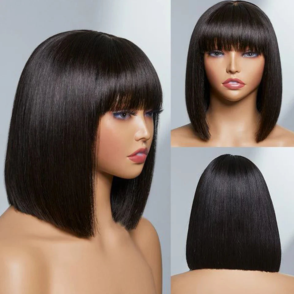 Malaysian Straight Bob Lace Wig with Bangs | Middle Part Glueless Human Hair