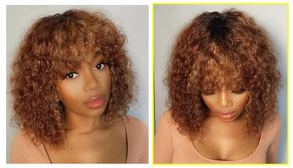 Brazilian Jerry Curly Human Hair Bob Wig with Bangs | Natural Highlight Honey Water Wave Kinky Curly Wigs for Women