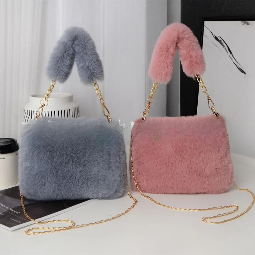 Fashion Women's Fluffy Shoulder Bag | Female Winter Chain Underarm Bag & Soft Plush Handle Handbag (Solid Color)