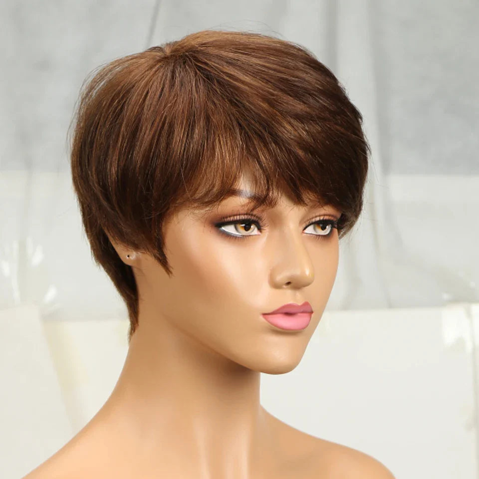 Rebecca Short Straight Pixie Bob Wig with Bangs | Glueless Brazilian Human Hair (Black & Brown)