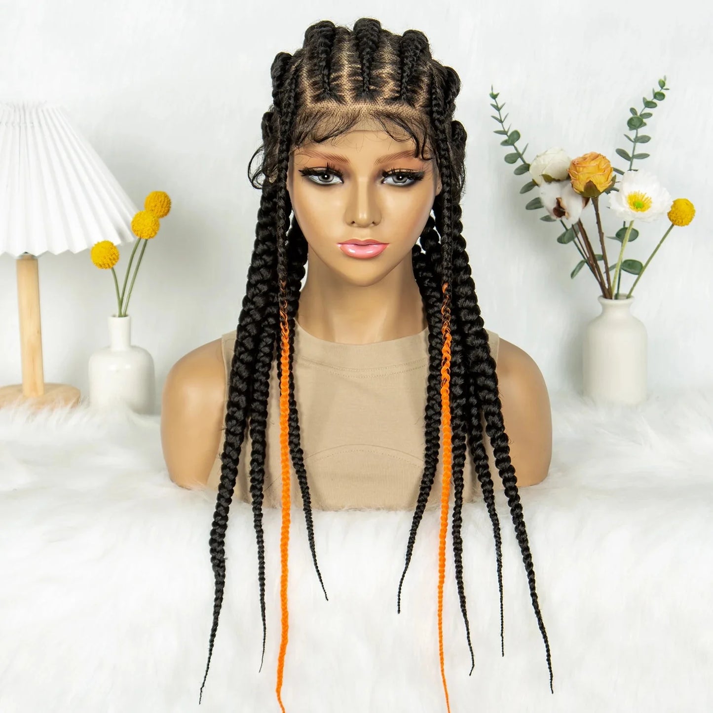 24" Orange Highlight Cornrow Braided Wig | Full Lace Synthetic Wig for Black Women | High-Temp Fiber | Daily Wear