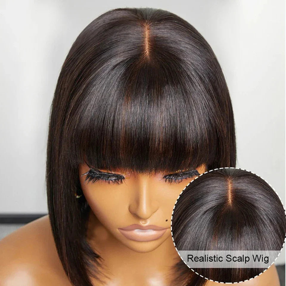 Indian Straight Bob Wig with Bangs | Glueless Middle Part Lace Human Hair (Realistic Scalp)