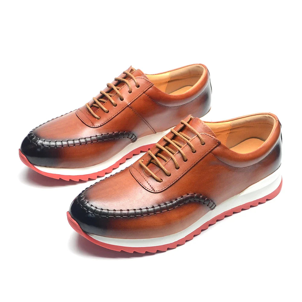 Classy Men's Genuine Leather Low Top Sneakers | Red Bottom Lace-Up Casual Dress Shoes (Breathable)