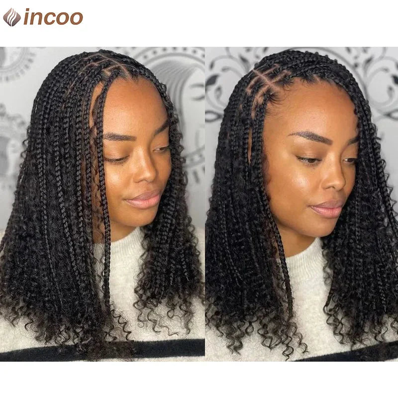 12" Boho Bob Braided Wig | Goddess Knotless Braids | 360 Full Lace | Curly Ends | Baby Hair
