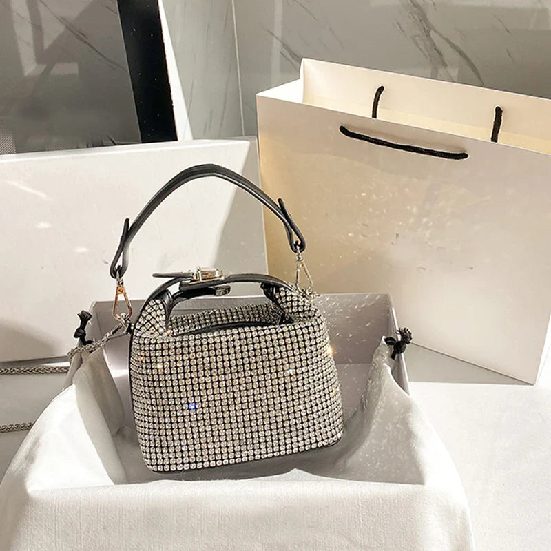 Luxury Designer Brand Silver Clutch Purse | Women's Evening Banquet Bag & Crystal Rhinestone Shoulder Bag (Fashion Handbags)