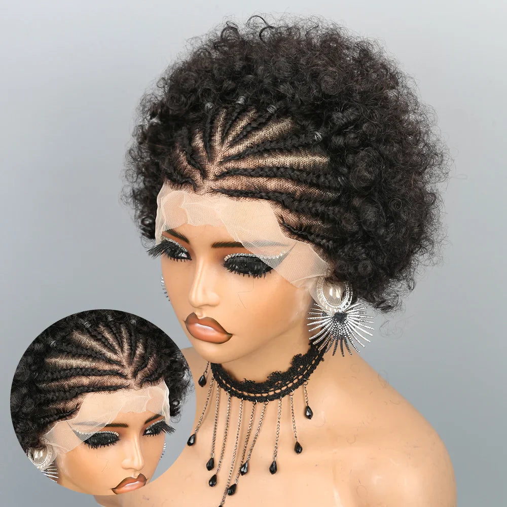 Short Afro Puff Braided Wig | 13x4 Lace Front Human Hair | Pre-Braided Cornrow Wig